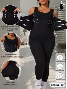 PLUS SIZE Women Workout Seamless Jumpsuit Yoga Ribbed Bodysuit,With Waist Buckle,Comfortable Square Neck, Slimming Waist, Tummy Control Jumpsuit, Spring Fashion,Sporty&Daily Wear,Thick Seamless Shapewear,Tank Top Leggings Romper