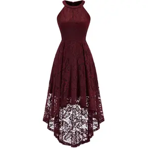 Dressystar Women's Sleeveless Halter Lace Formal Dress - Hi-Lo Flared Asymmetric Skirt, Short Style Clothes, for Bridesmaids, Wedding Guests