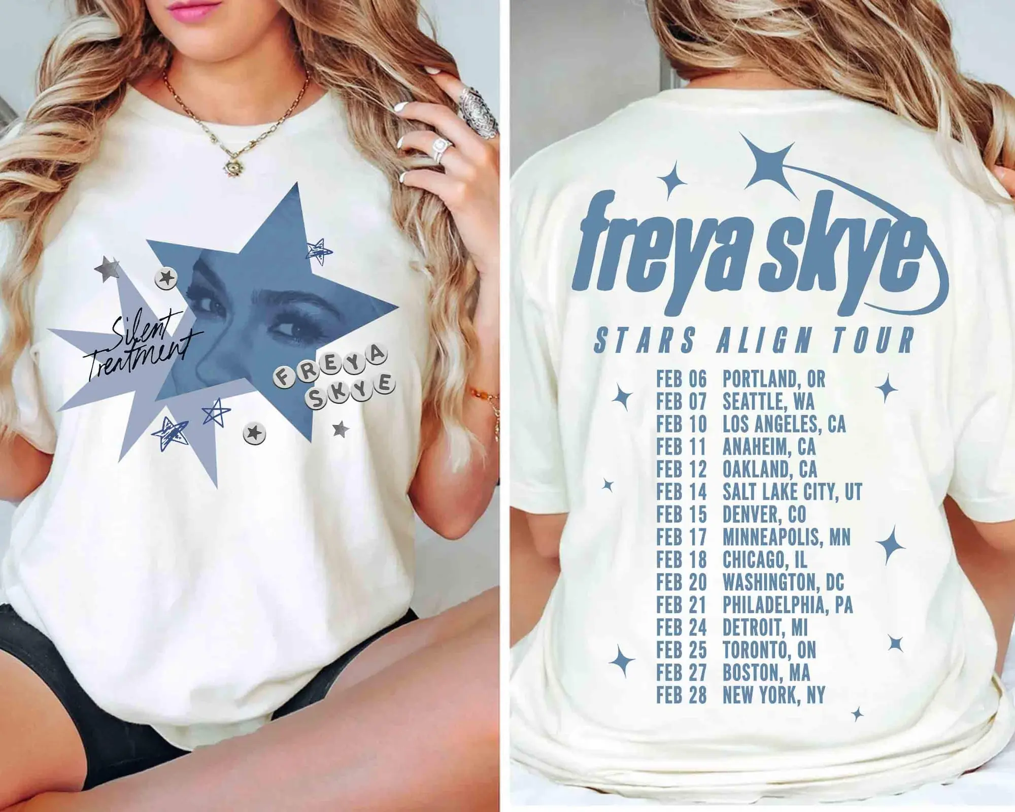 2 Sided d Freya Skye Silent Treatment Shirt, Stars Align Tour 2026 Festival Tee, Channel Zombies 4 Nova Bright, Freya Skye Concert Music