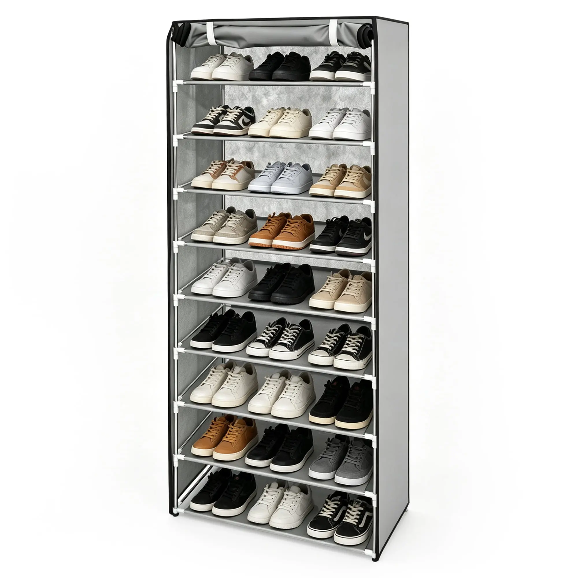 10 Tier Shoe Rack with Dustproof Cover, Tall Shoe Storage Organizer for 27 Pairs, Removable , -Saving Shoe Cabinet for Entryway Bedroom Closet, Grey   space Metal holder shelf stand dorm 10-tier door estante de