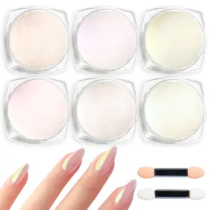 White Pearl Chrome Nails Powder 6 Colors Moonlight Chrome Nail Powders Kit Glitter Dust Pearlescent Mirror Effect Nail Art Pigment Mermaid Pearl White Pink Yellow DIY Manicure Pigments