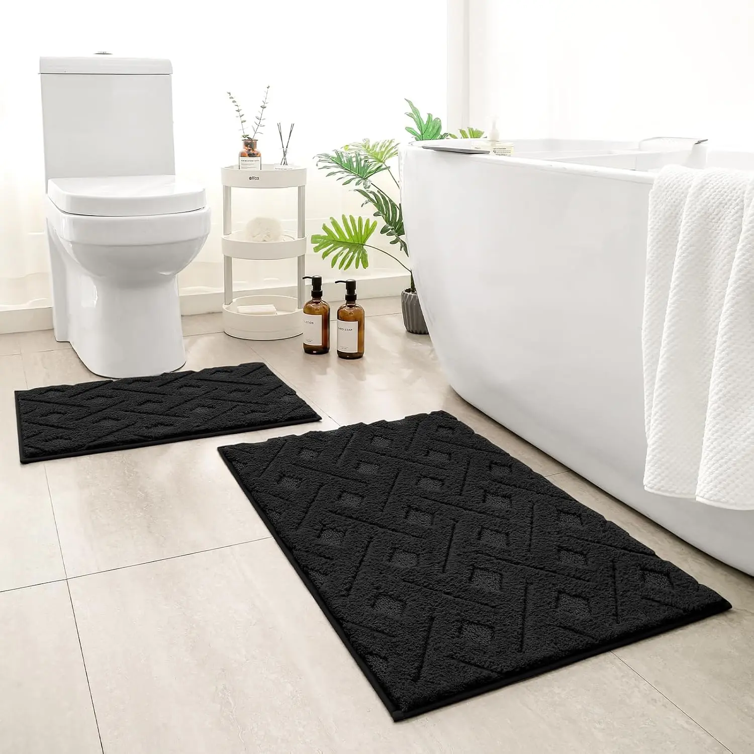 Bathroom Mats Non Slip 2-Piece Black Rubber Rug Mat Set - Shaggy Look, Soft Texture, Absorbent, Machine Washable Grid Pattern, 2 Sizes (20"x32"+16"x24") for Tub, Bath Area