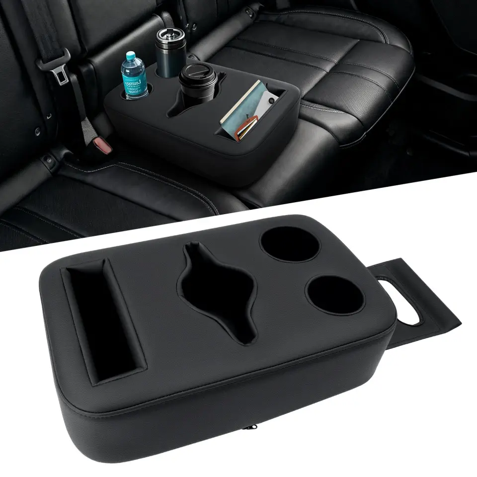 5-in-1 PU Leather Car Backseat Organizer - Drink Carrier Cup Holders, Expandable Tray, Elbow Pad - Truck Accessories, Automotive Interior Stowing Accessory for SUVs - Holds Remotes, Snacks & Items