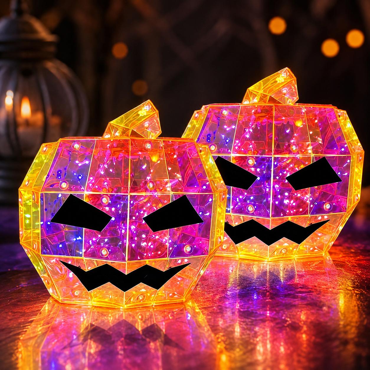 Magical Transparent Geometric Halloween Rainbow Prism Pumpkin LED Light - 15cm Battery-Operated Color-Changing Jack O' Lantern, Waterproof Indoor-Outdoor Ornaments for Home Porch Table Decoration