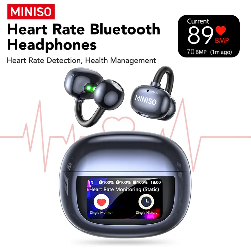 MINISO MS212 Clip-On Open-Ear Wireless Headset - Built-in Bluetooth 6.0, IPX5 Sweatproof Sport Design, LCD Full-Color Touch Screen, Heart Rate Detection, Noise Isolation, Data Visualization, Battery, Camera Compatibility, for PC/Laptop/Mobile, Exercise