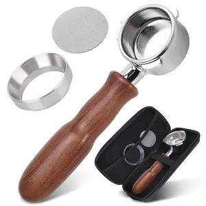4-In-1 Espresso Accessories Set, Coffee Making Tool, 54mm Bottomless Portafilter, Solid Wood Handle, Dosing Funnel, Puck Screen, Storage Box, Stainless Steel, Wooden