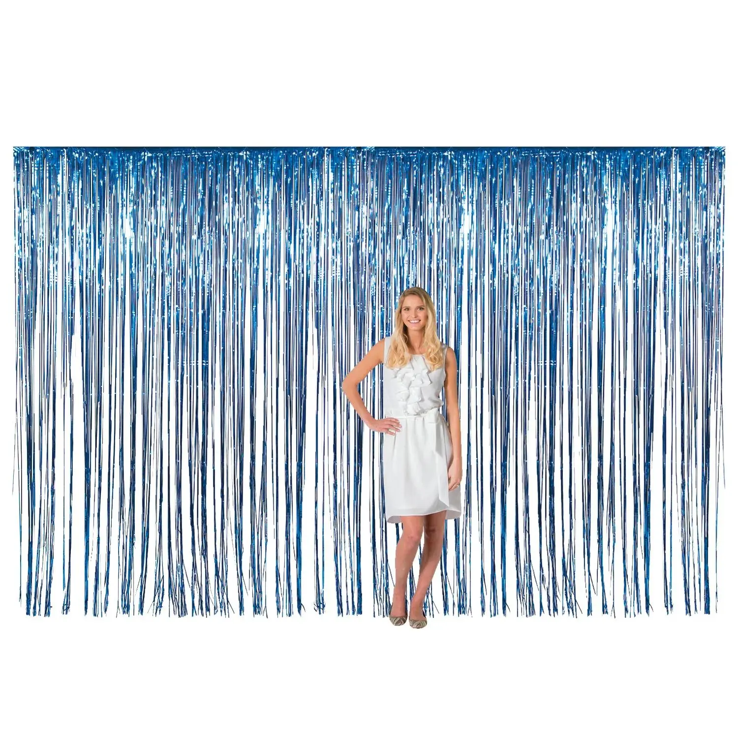 12 Ft x 8 Ft Large Shiny Blue Metallic Fringe Foil Backdrop Curtain, Hanging Photo Wall Decoration for Household Textile Curtain Accessories