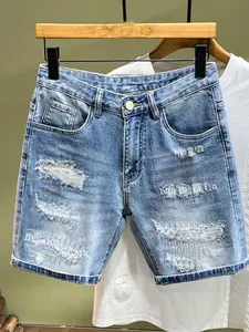 SRETOUU Men's Ripped Distressed Denim Shorts - Blue Vintage Washed Jean Shorts with Bold Rips & Frayed Hems for Summer Streetwear - Cotton, Menswear