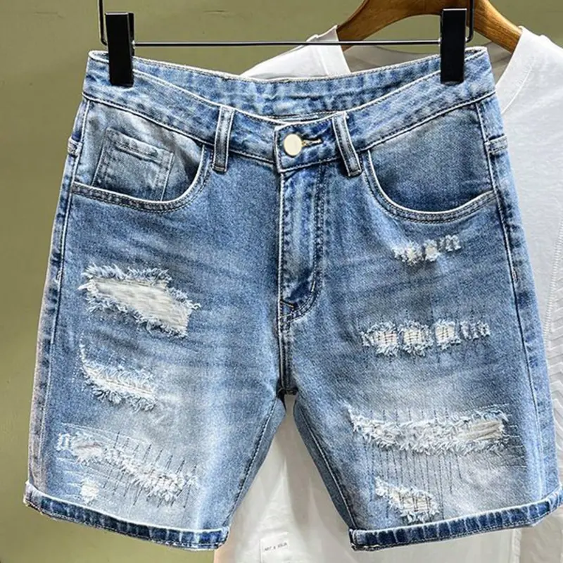 SRETOUU Men's Ripped Distressed Denim Shorts - Blue Vintage Washed Jean Shorts with Bold Rips & Frayed Hems for Summer Streetwear - Cotton, Menswear