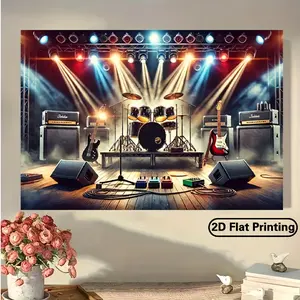 Rock Band Tapestry Music Stage Backdrop Concert Theme Wall Hanging Photography Background Guitar Drum Decor for Living Room Bedroom Indoor Outdoor Party Decoration