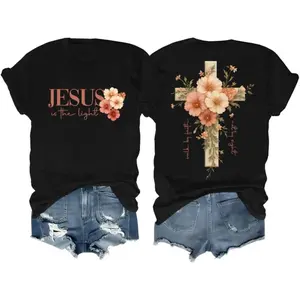 Faith Cross Christian Shirts for Women with Beautiful Floral Cross Print