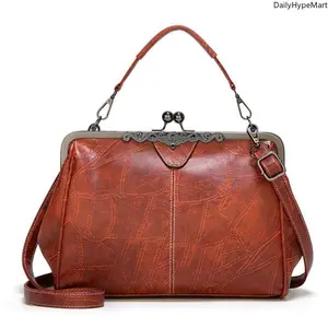 Women's Vintage PU Crossbody Bag, Large Capacity Kiss Lock Shoulder Bag, Crossbody Bags For Women, Bags For Women