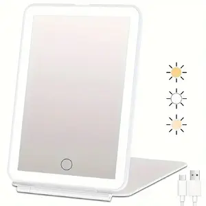 Foldable Portable LED 3 Color Light Makeup Mirror, Adjustable Brightness, High Definition, Travel Essential, Desk Foldable Gift