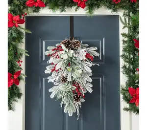Glitzhome 22" Christmas Flocked Pinecone & Berry Teardrop Swag