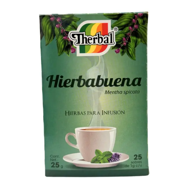 THERBAL Caffeine-Free Herbal Spearmint Stress Relief Unflavored Tea for Adults - 25 Tea Bags, 24-Month Shelf Life, Natural Ingredients Drink (Te de Hierbabuena)