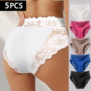 5Pcs Women Mid-High Waist Sexy Lace Underwear, High Stretch Comfort, Smooth Skin-Friendly Naked Feeling, Anti-Pilling, Seamless Wave Edge, Elegant Lace, No Riding Up, Daily All Occasions