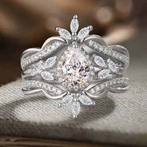 Women's 2-Piece Crown Look Stacked Ring Set - Gothic Twisted Band with Pear-Cut & Marquise-Cut CZ, Hypoallergenic Dual-Tone Wedding Costume Jewelry, 2 Part Ring, Matching Accessory, Skin-Friendly