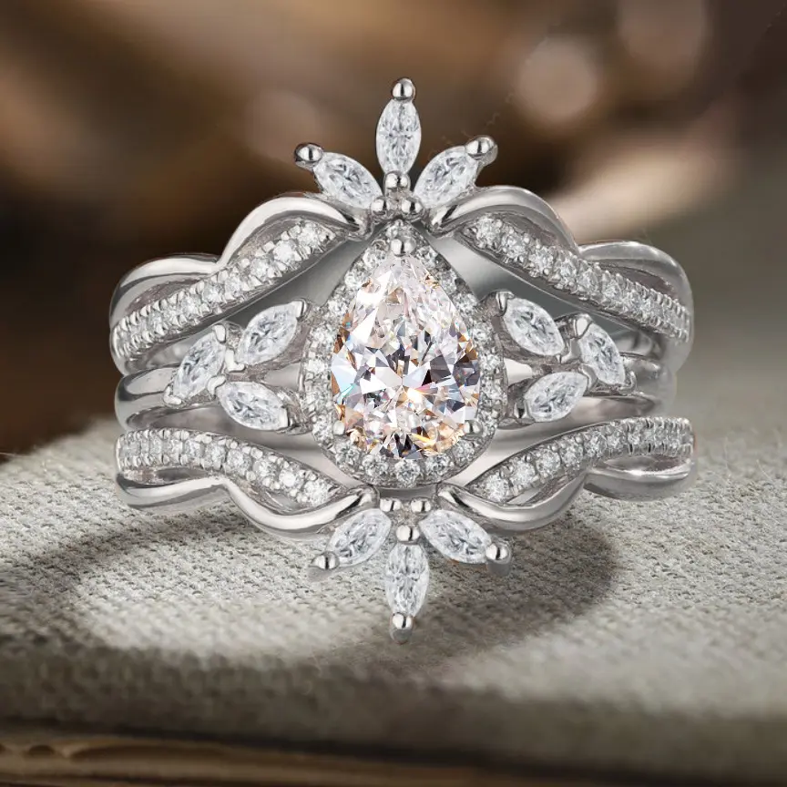 2-Piece Stacking Ring Set for Women, Gothic Crown-Inspired Twisted Band with Pear-Cut and Marquise-Cut CZ, Hypoallergenic Dual-Tone Wedding Jewelry