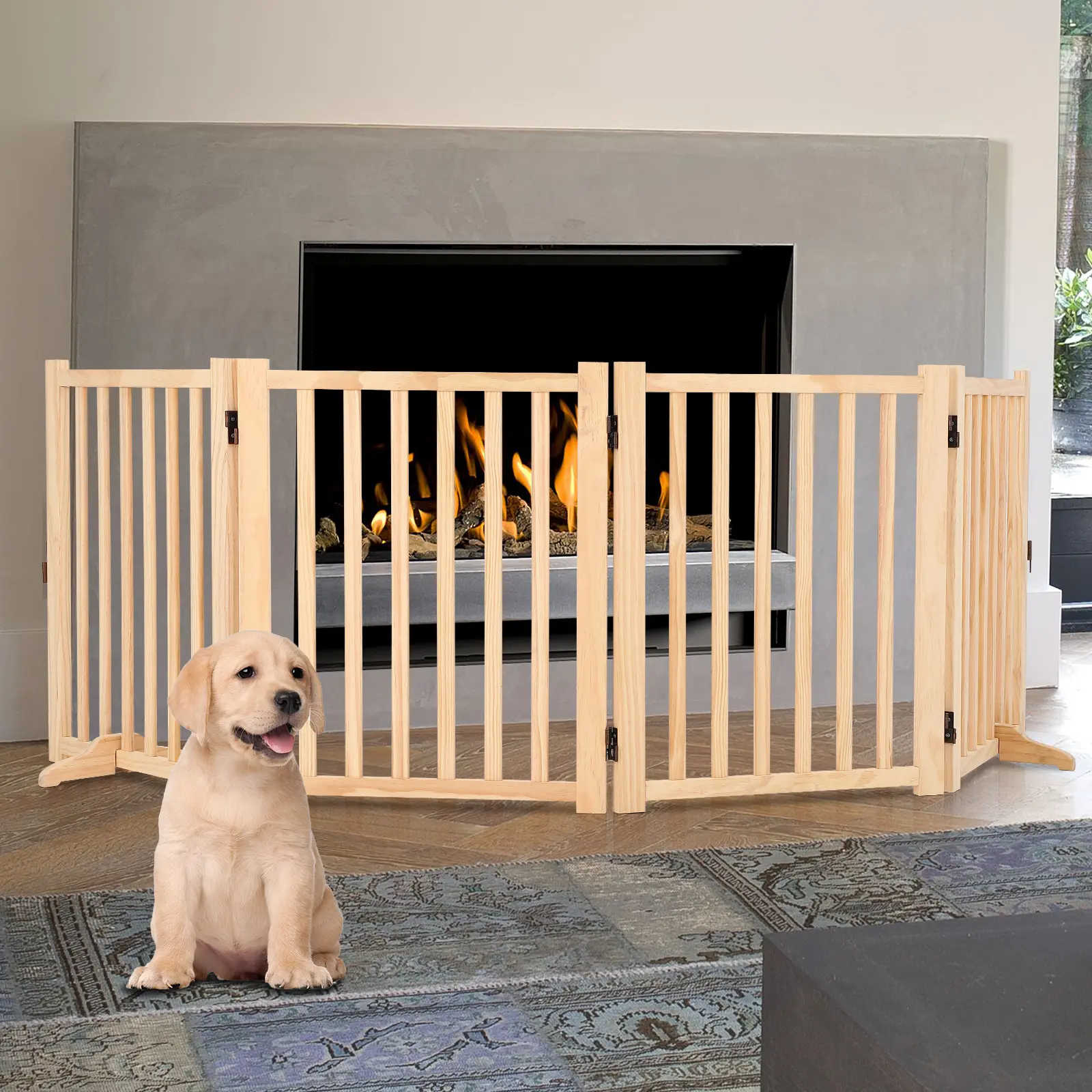 Freestanding Natural Pine Wooden Dog Gate - Collapsible Indoor Pet Safety Barrier with Folding Hinges, Paint-Free Sturdy Hardwood, Non-Slip Mats, Support Feet for Doorways, Stairs, Indoor Gates