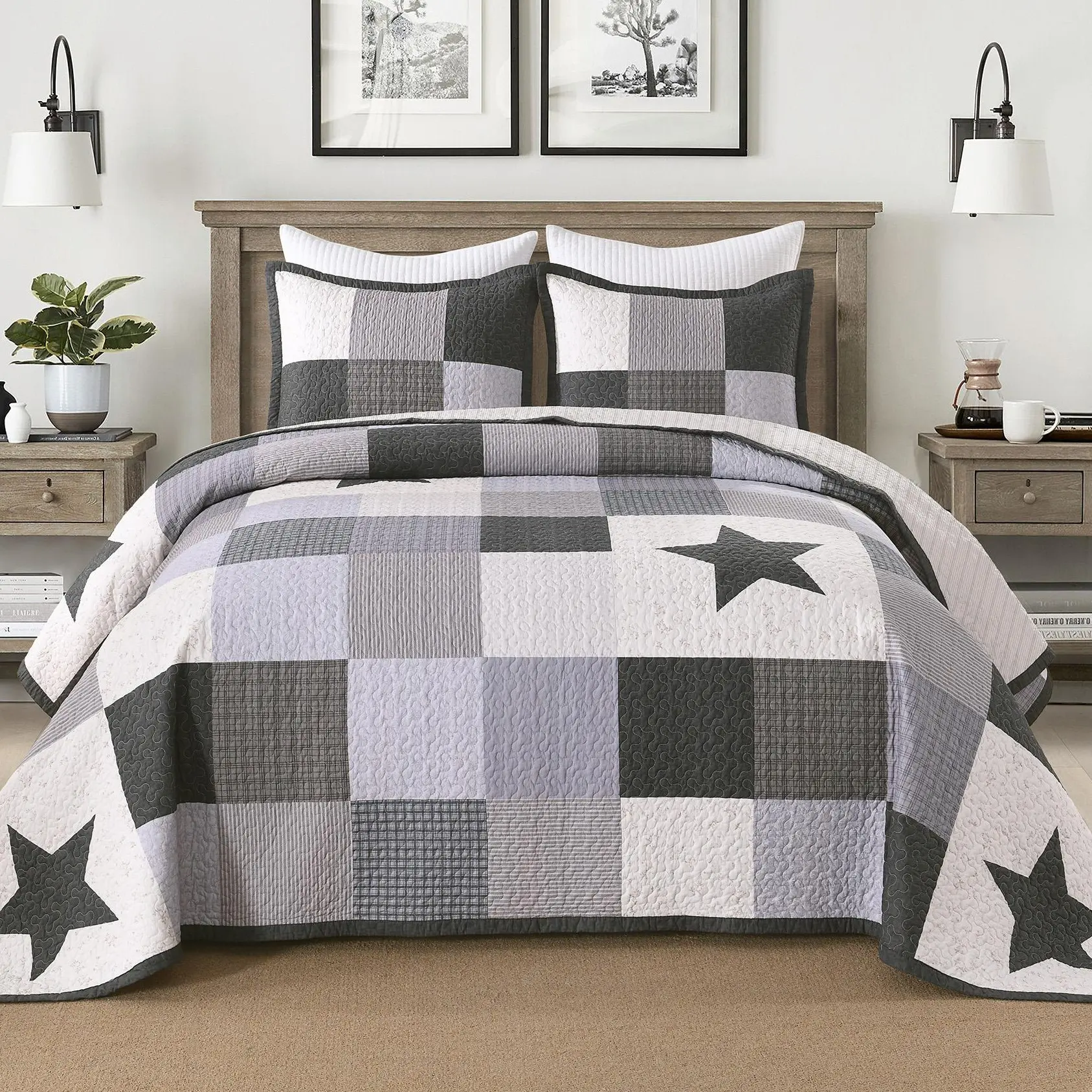 MarCielo King 3-Piece Quilt + Sham Bedding Set - 100% Cotton Durable Modern Bedspread Set with Rustic Geometric Plaid Checkered Design, Breathable, Fade Resistant, Machine Washable