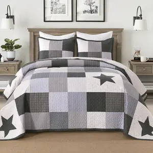 Rustic Patchwork Star Quilted Bedspread Set, Black Grey White Plaid Checkered Bedding with Pillow Shams, Lightweight All Season Farmhouse Quilt for Queen/King Size Bed