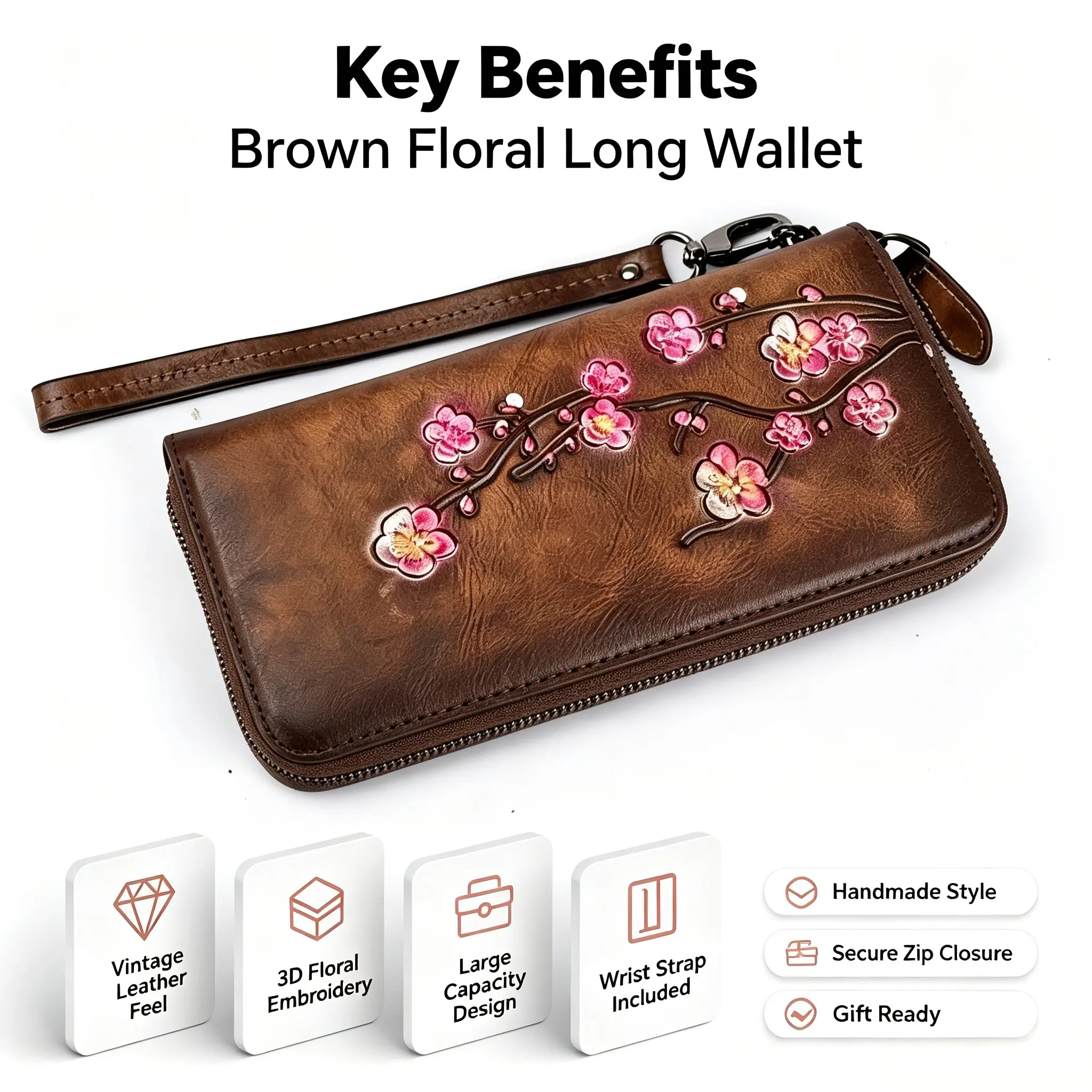 Women's Genuine Leather Long Clutch Purse - Vintage Embossed Floral Casual Flower-Shaped Embossing Wallet, Multi-Card Holder, Foldable Wristlet, Positioning Printing, Edge Paint Detail, Handcrafted, Casual Women's Wallets, Flower-Shaped Women's Wallets