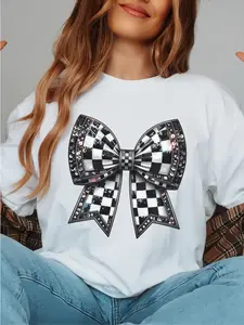 Sparkly Checkered Sequin Coquette Bow Women's Inverted Triangle Short Sleeve Tops | Graduation Dress Friendly Casual Tee Perfect for Tube Top Layering & Yona Jeans Matching