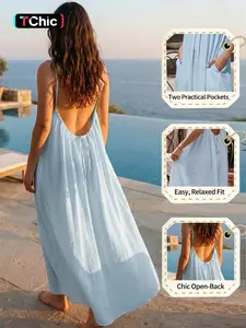 Summer Women's Long Dress, Fashion Solid Color Strapless Sleeveless Back Tie Loose Elegant Vacation Dress, Comfortable Dual Pockets