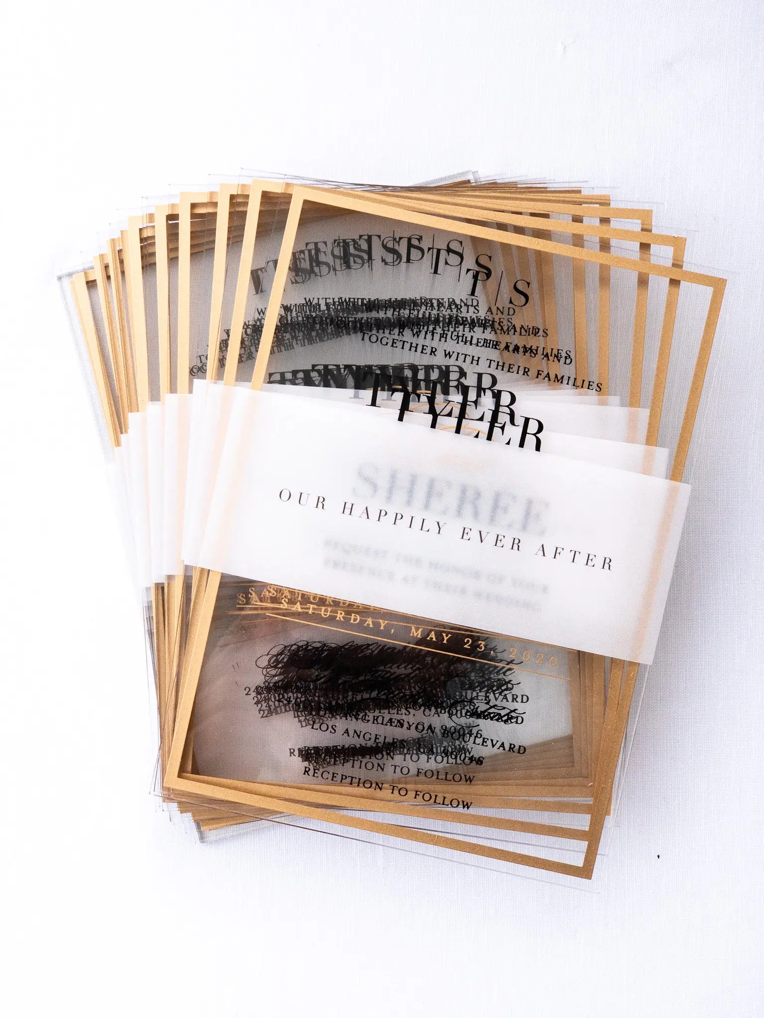 Semi-Custom Acrylic Invitations | The Frame'd Collection | Wedding Invitations | Clear Acrylic | Gold & Black