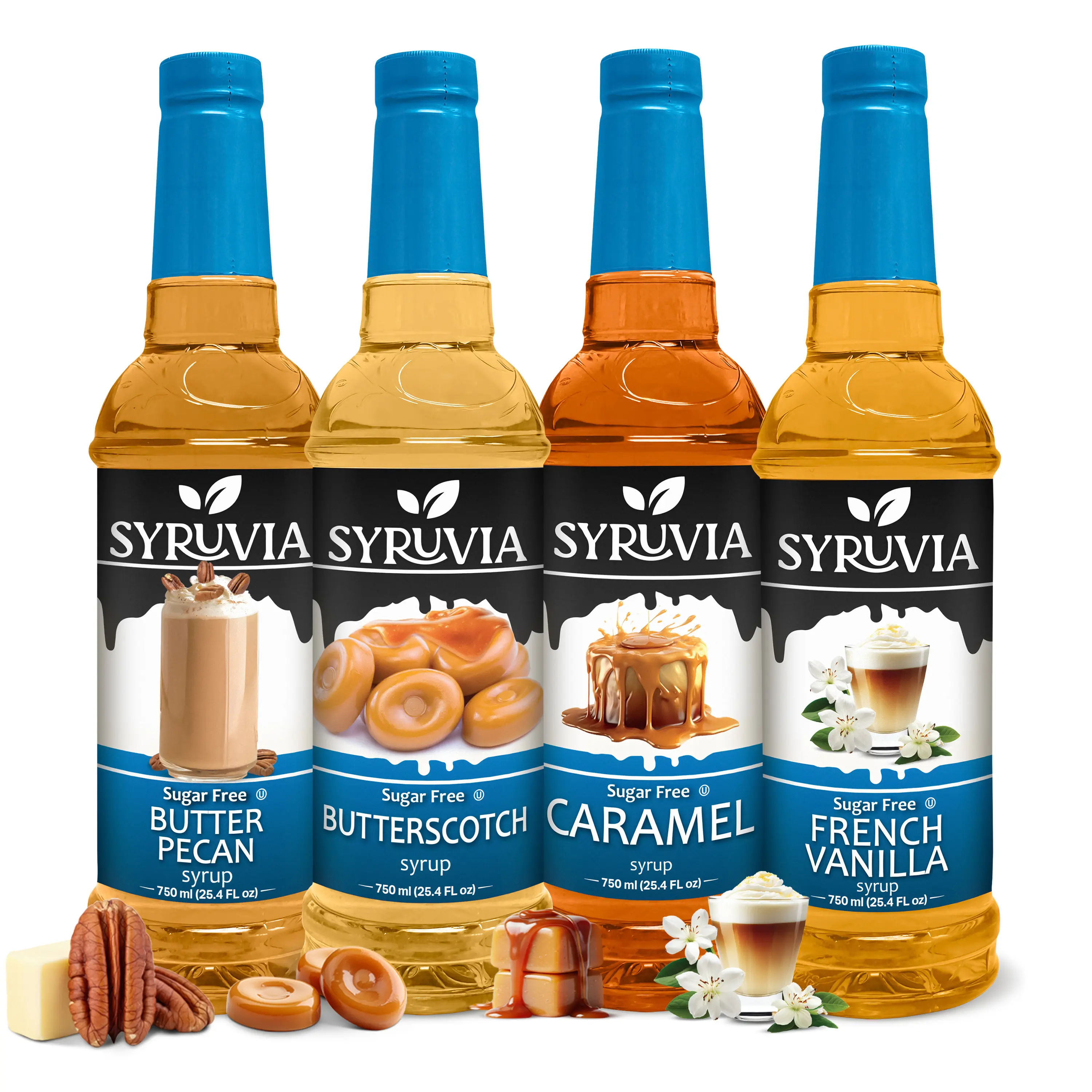 Syruvia Sugar Free Coffee Syrup Variety Pack – Butter Pecan, Butterscotch, Caramel & French Vanilla – Gluten-Free, Kosher, 25.4 fl oz Bottles – Perfect or Coffee, Shakes, Desserts & More (4-Pack)