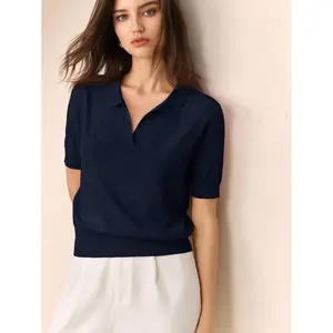 BizChic Navy Blue Polo Collar Diamond Knit Short Sleeve Pullover Sweater For Women, Basic Urban Commute Style, Simple Elegant Business Casual, Suitable For Teachers, Office Wear Fall Tops