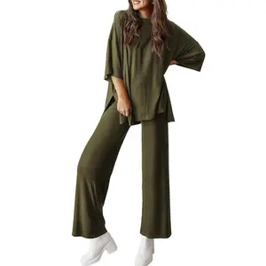 Women's 2-Piece Outfits Short Sleeve Pullover Tops Split Hem Wide Leg Pants Lounge Sets, Comfy Pjs, Soft Suits-Womenswear Loungewear