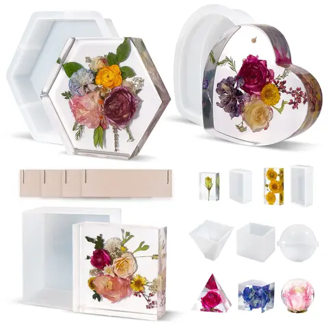 LET'S RESIN 8Pcs Large Size Geometric Silicone Resin Molds - 2.5oz Deep Epoxy for Memorial Wedding Flower Preservation, 60oz Mirror-Smooth Casting (Square, Hexagon, Heart), Office Stationery Desk Organizer Bookends for Crafters' DIY Home Decoration
