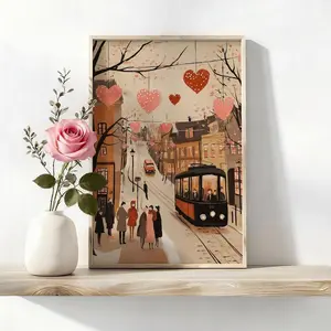 Valentines Day Canvas Wall Art, Pink and Red Love Heart Poster for Couples, Cozy Pinkish Valentines Day Street Bus Dating Print, Romantic Festive Picture Lover Gift for Her