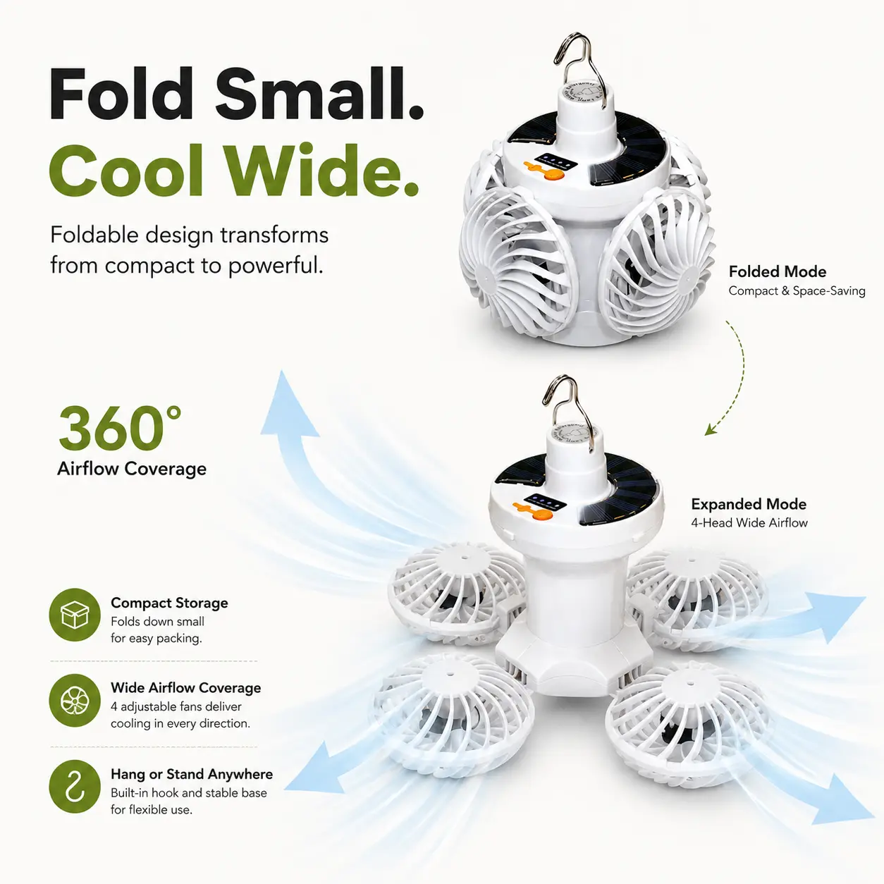 Portable Solar Fan Light for Camping – Hanging Multi-Blade Cooling Light, Rechargeable Outdoor Tent Fan with Solar Charging & USB Power