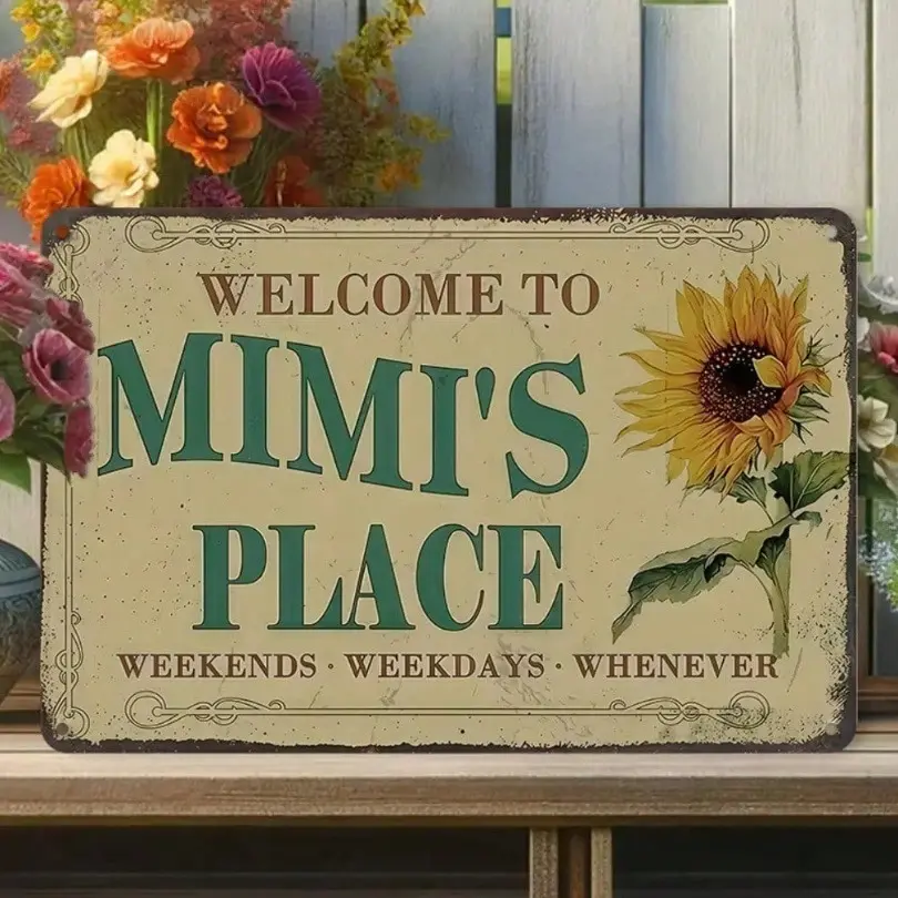 1PC Vintage Tin Sign, Welcome To Mimi's Place, Rustic Home Decor, Rustic Farmhouse Design, Floral Wall Art, Perfect For Entryway Or Living Room, High-Quality Metal, Home Decor Products, 8x12 Inches/ 20x30 Cm