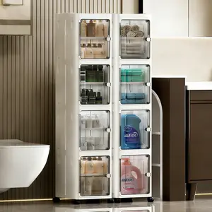 Home Mobile Foldable Storage Cabinet Universal Wheels Magnetic Door Multilayer Slim Narrow Gap Dustproof Box Kitchen Bedroom Bathroom Side Organizer