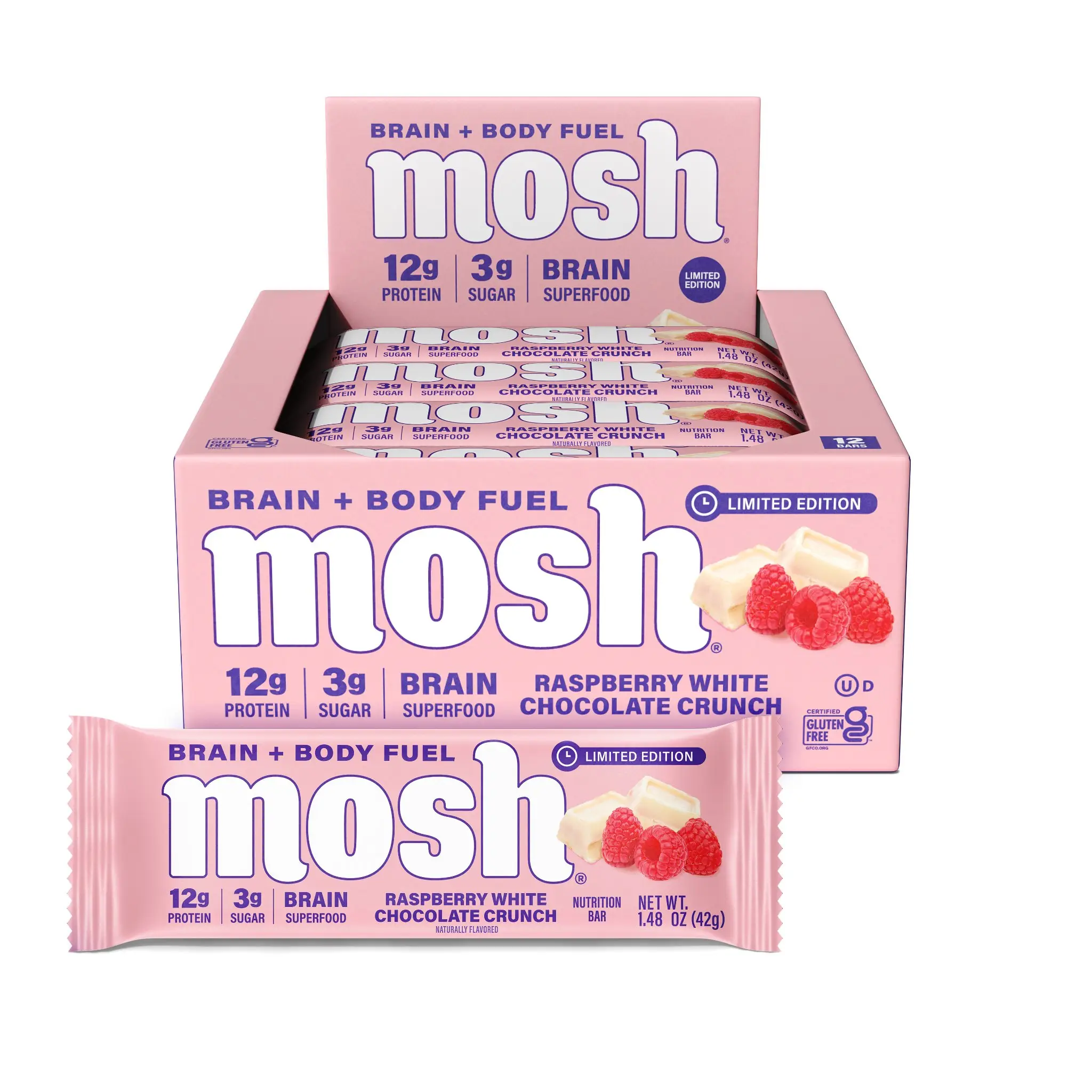 NEW Mosh Raspberry White Chocolate Crunch Protein Bar, Limited Edition, Brain-Boosting Blend, 12g Protein, 50g Snack Flavor