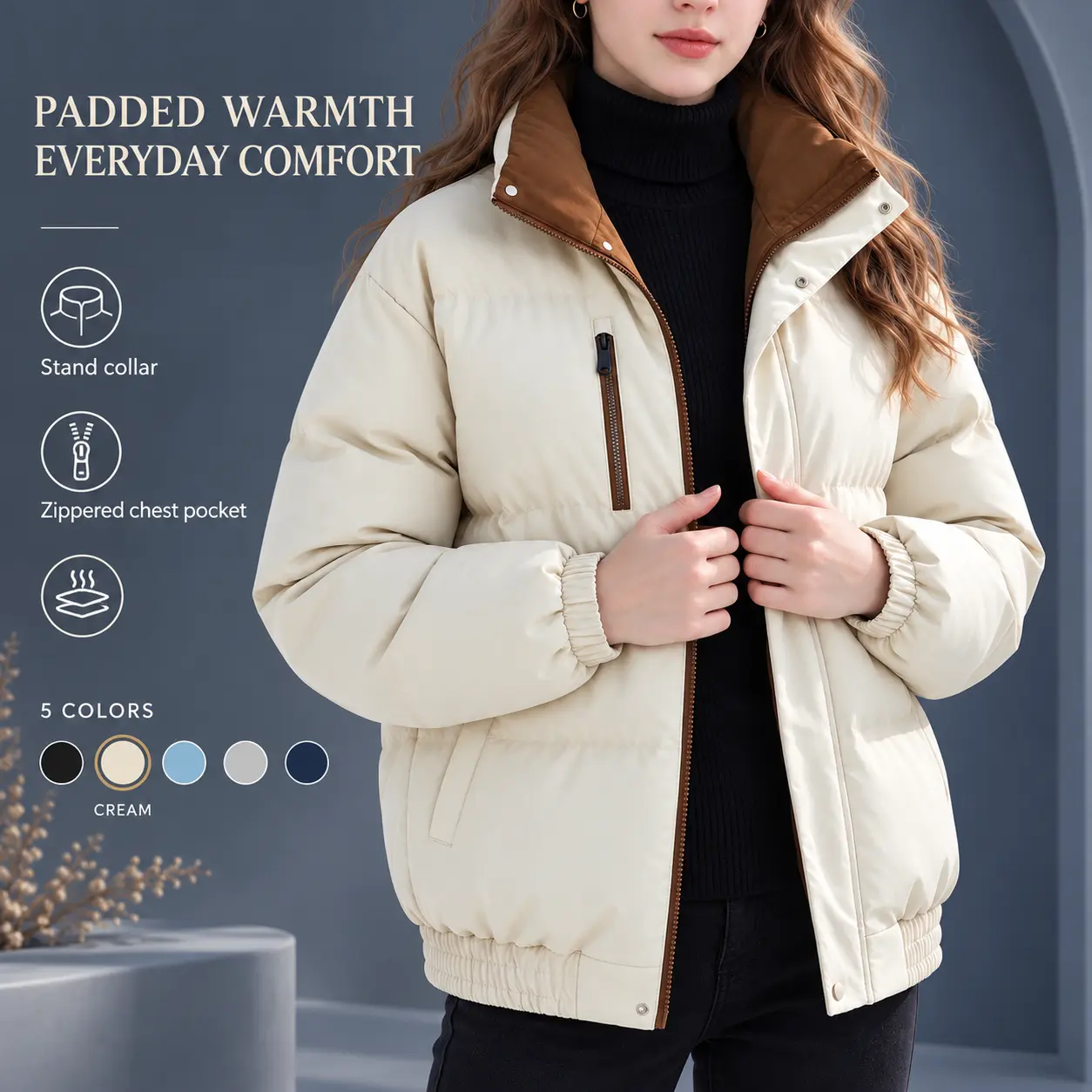 Women's Warm Quilted Puffer Jacket with Zippered Chest Pocket, Stand Collar Full Zip Up Padded Winter Coat, Long Sleeve Insulated Outerwear with Elastic Cuffs for Casual Fall Winter Everyday Wear and Travel