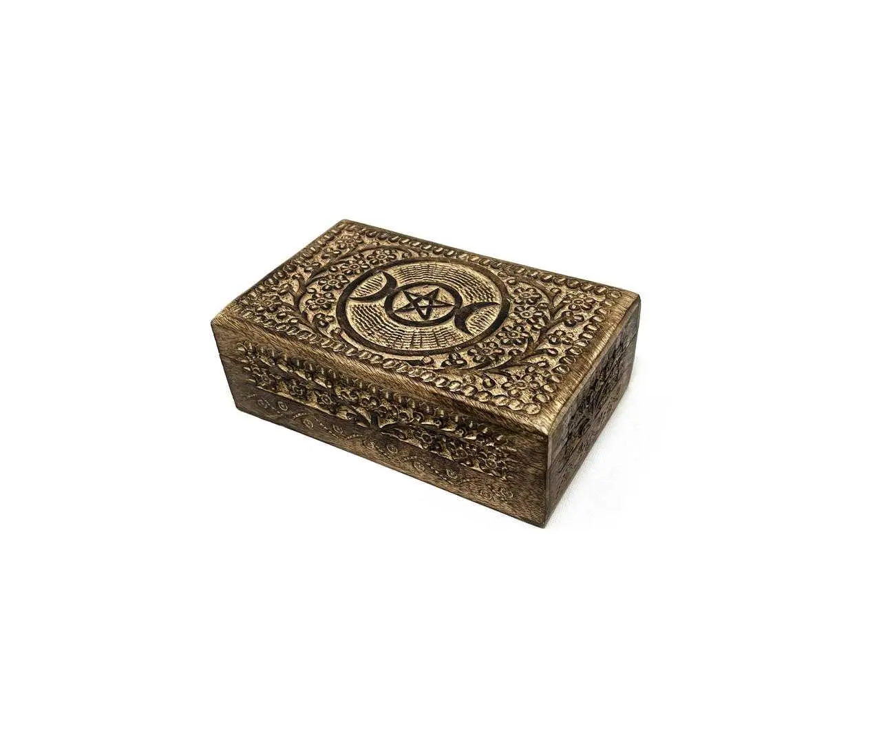 Dark Wooden Craft Box - 5×8in Decorative Compartment Box, Atmospheric Aesthetic Gothic Shelf Piece with Engraved Symbol Triple Moon Pentacle, Functional & Decorative Home Organizer for Ornaments & Stones, Alternative Décor