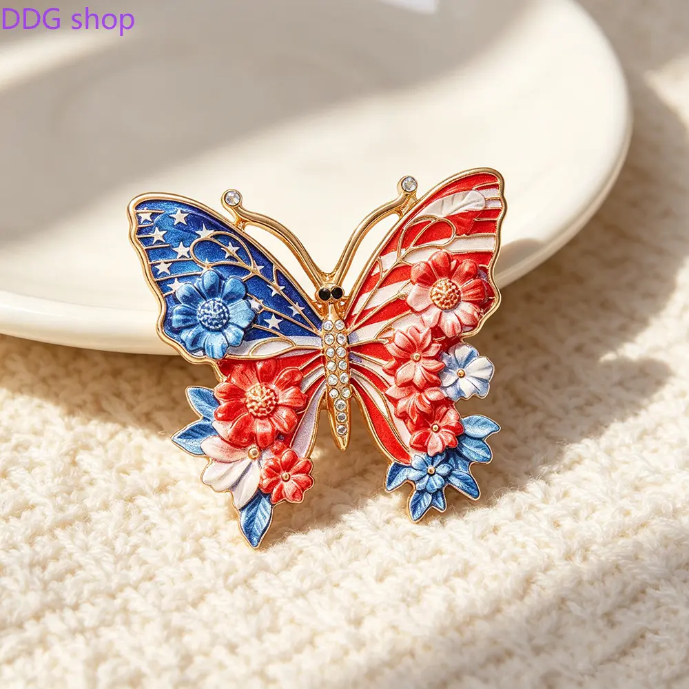 250th American Anniversary Butterfly Brooch Pin, Patriotic US Flag Lapel Brooch, Elegant Alloy Jewelry Badge, Party Wear Clothing Accessory for Independence Day Celebration Memorial Gift, Brooch Pins