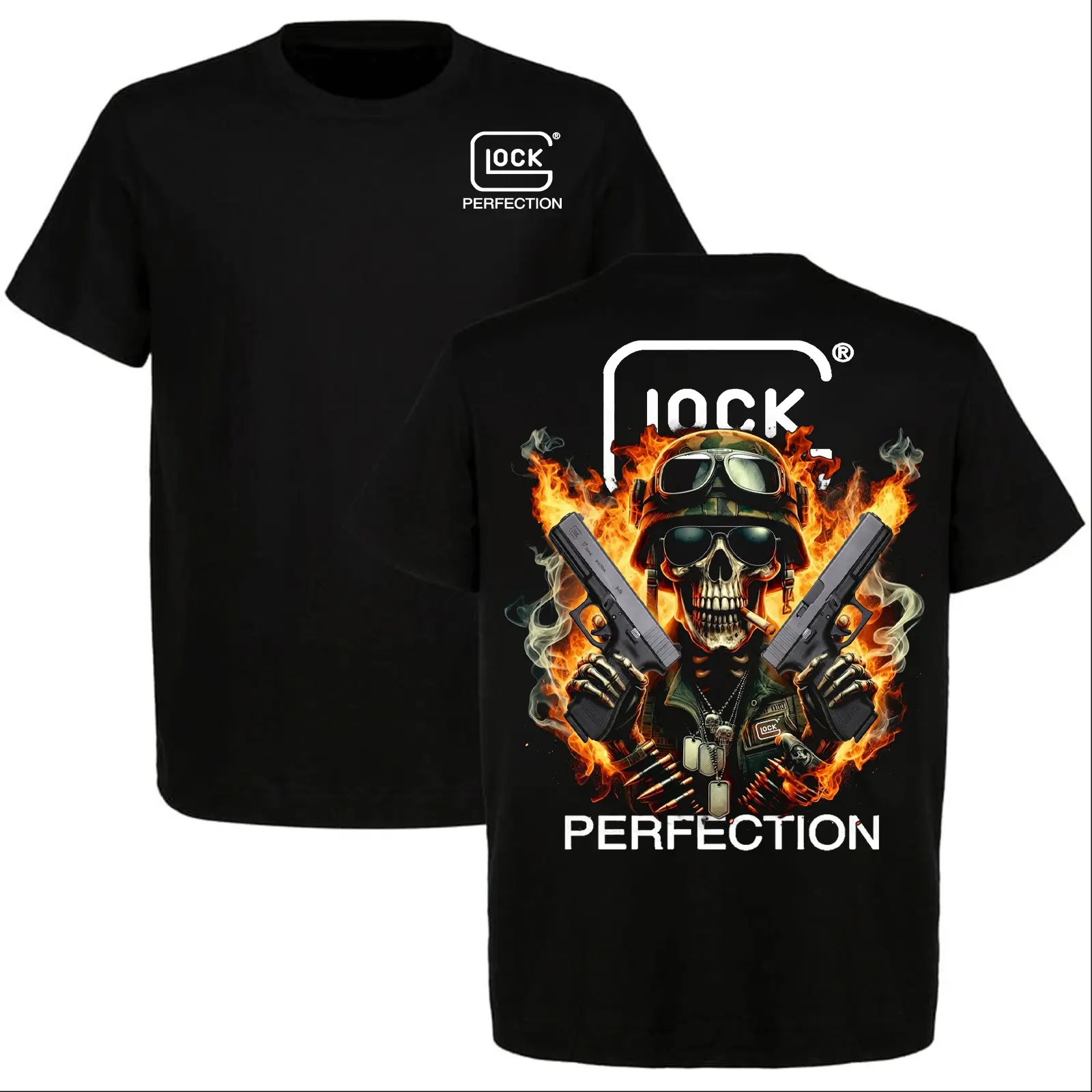 Glock Perfection Skull Fire Gun T-Shirt Tactical Military Graphic Tee 2A Patriotic Veteran Gift Streetwear