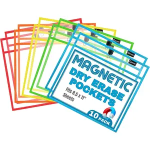 Magnetic Dry Erase Pockets (10-Pack) - Landscape - Clear Dry Erase Pocket Sleeves, Job Shop Ticket Holders, Clear Paper Sleeves Protectors, Magnetic Pouch