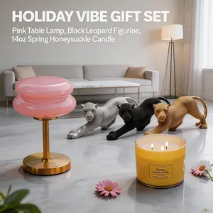 Holiday Vibe Beaded Leopard Gift Set: Cheetah Leopard & Pink Glass Table Lamp & 2PCS 14oz Honeysuckle 3-Wick Candle Cozy Scent Vanilla Decor Ornaments Decoration