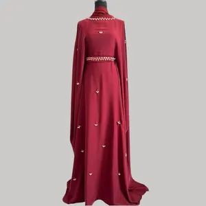 Elegant Deep Burgundy Butterfly Abaya with Hand-Placed Crystal Bead Embellishments Loose Fit Floor-Length for Special Occasions