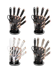 Marble Knife Set Rose Gold Rotating  Base 7 8 9 Piece Set Black Steel Gift Knife Set