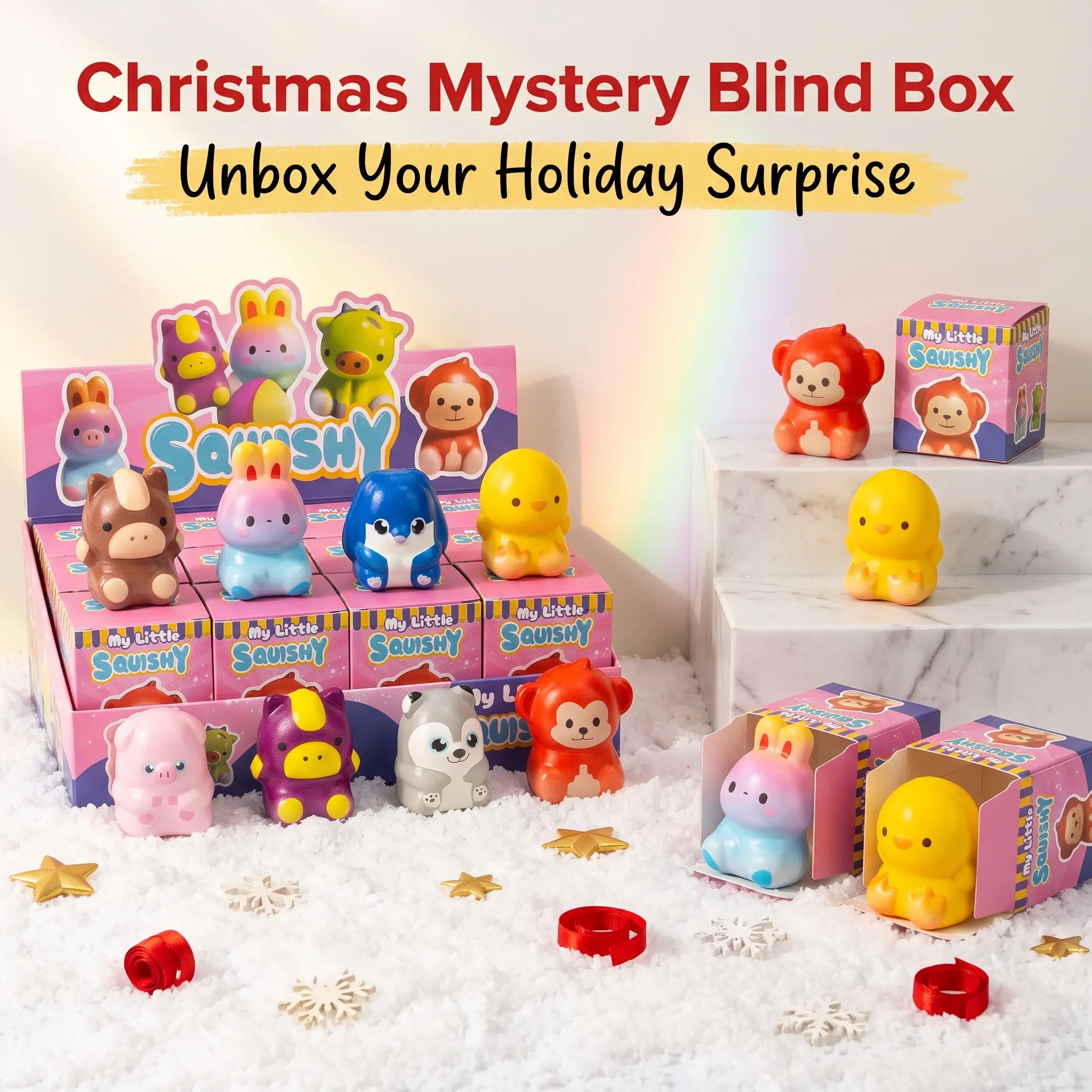 Christmas Mystery Blind Box Cute Animal Squeeze Fidget Toys - Rabbit, Chick, Monkey, Pig, Husky, Horse Mini Figures, Stress Relief Random Styles for Kids, Christmas Party Favors & Stocking Stuffers