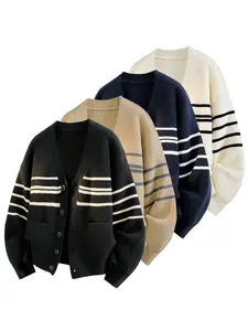 CCCMAI Unisex Trendy Striped Button Front Cardigan, Soft Comfortable Drop Shoulder Long Sleeve V-Neck Regular Fit Fall/Winter Everyday Outdoor Knitwear Top, Men's V-Neck Black & White Fall Freshness Outdoor Fun Menswear