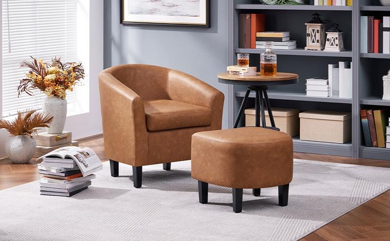 Yaheetech Accent Chair and Ottoman Set, Modern Barrel Chair and Footrest, Comfy Club Chair Armchair and Footstool for Living Room Bedroom Guestroom