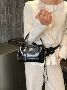 Vintage Simple Bucket Bag, Fashion Casual Rhombus Chain Handbag, Trendy Shoulder Crossbody Bag, PU Leather, All Seasons
